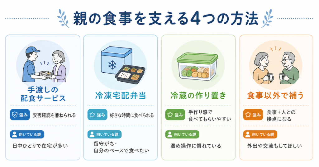 親の食事を支える4つの方法を表した図解
