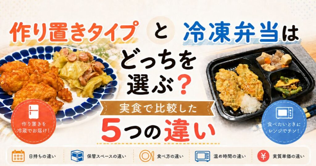 作り置きタイプと冷凍弁当の宅食サービスを比較した記事のアイキャッチ画像