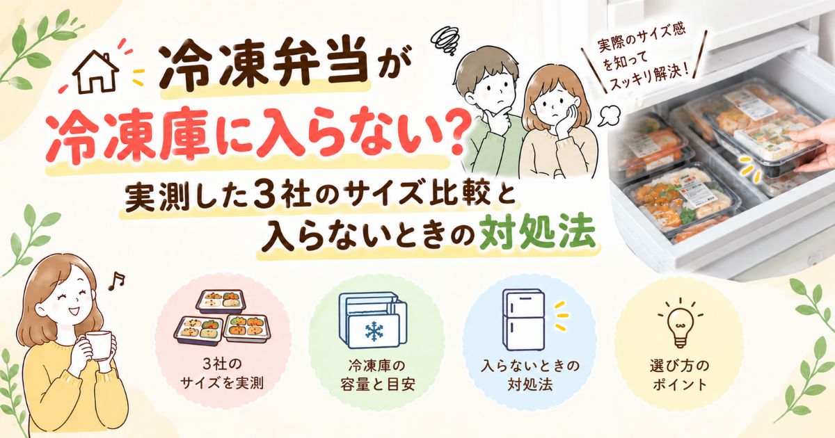 冷凍宅配弁当が冷凍庫に入らない時の対処法を紹介した記事のアイキャッチ画像