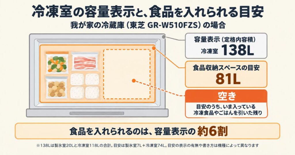 冷凍庫の容量表示は、実際の容量より大きく表示されている